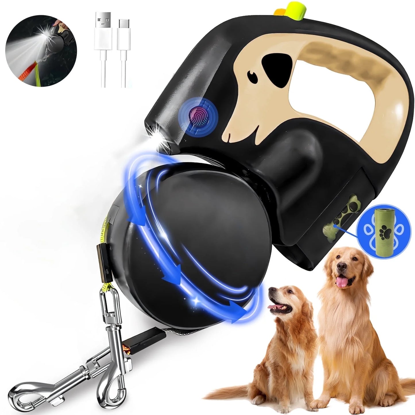 Retractable Dog Leash No Tangle , Double Dog Leash for Two Dogs with Flashlight