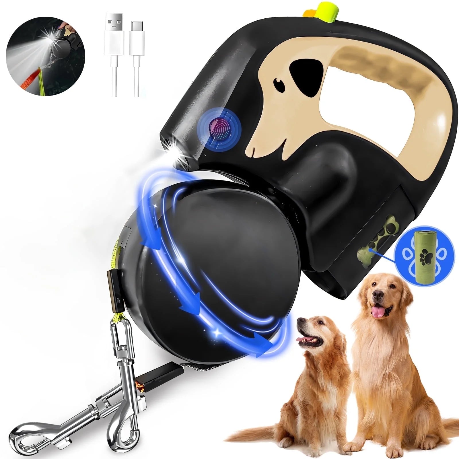Retractable Dog Leash No Tangle , Double Dog Leash for Two Dogs with Flashlight