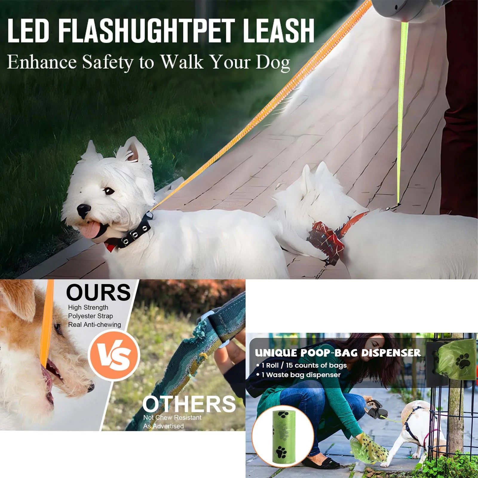 Retractable Dog Leash No Tangle , Double Dog Leash for Two Dogs with Flashlight