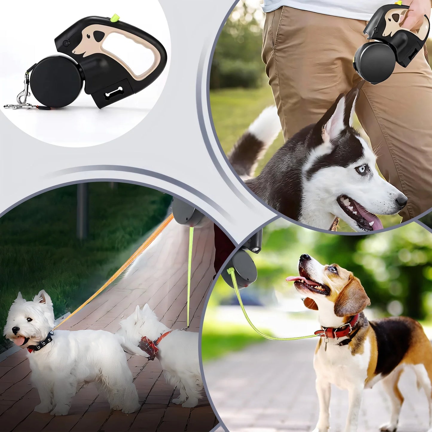 Retractable Dog Leash No Tangle , Double Dog Leash for Two Dogs with Flashlight
