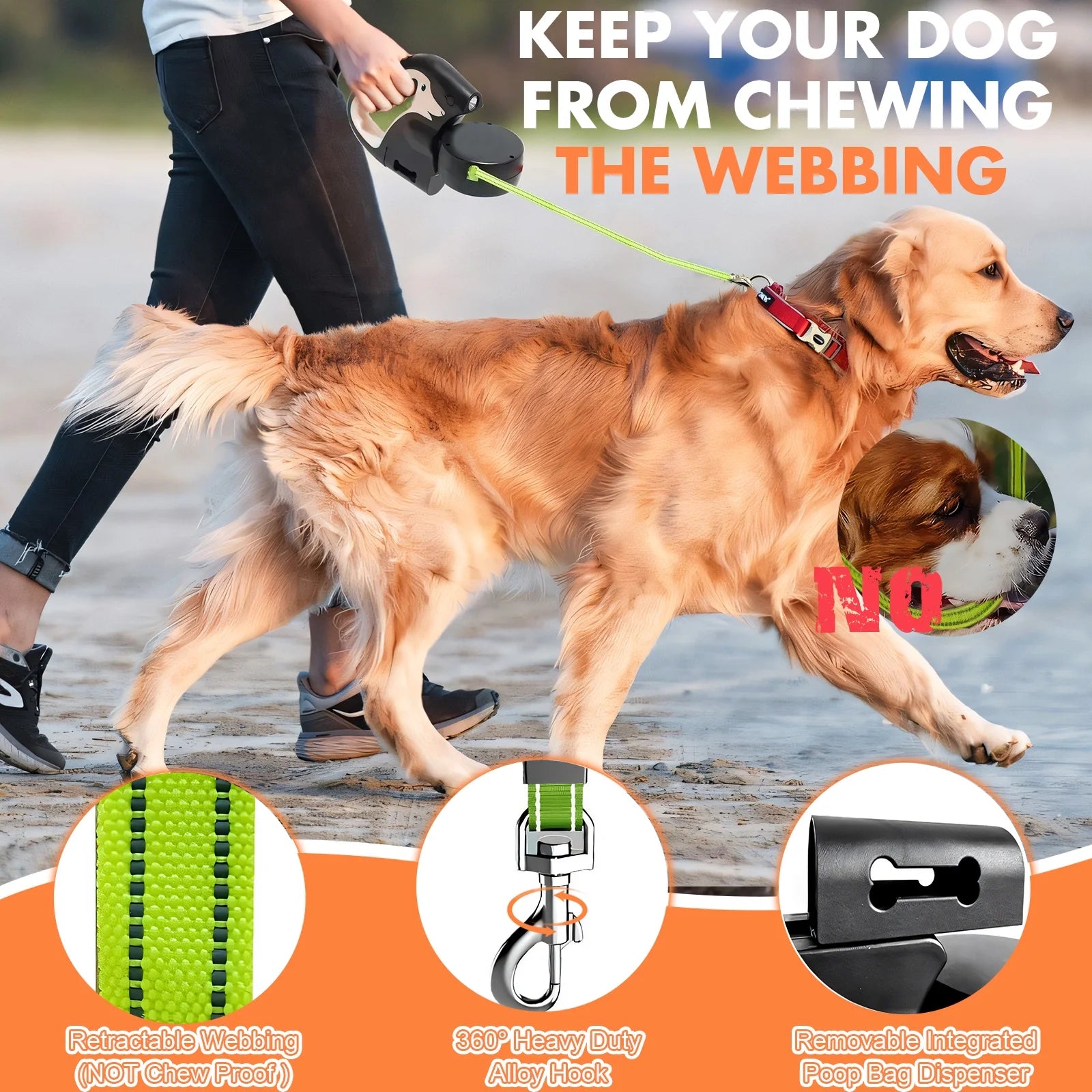 Retractable Dog Leash No Tangle , Double Dog Leash for Two Dogs with Flashlight