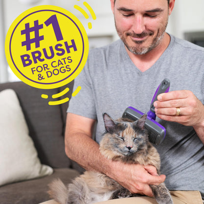 Self Cleaning Slicker Brush for Dogs and Cats - Pet Hair Brush for Shedding Long and Short Hair - Easy Clean Retractable Bristles - Cat and Dog Grooming Tool - Purple