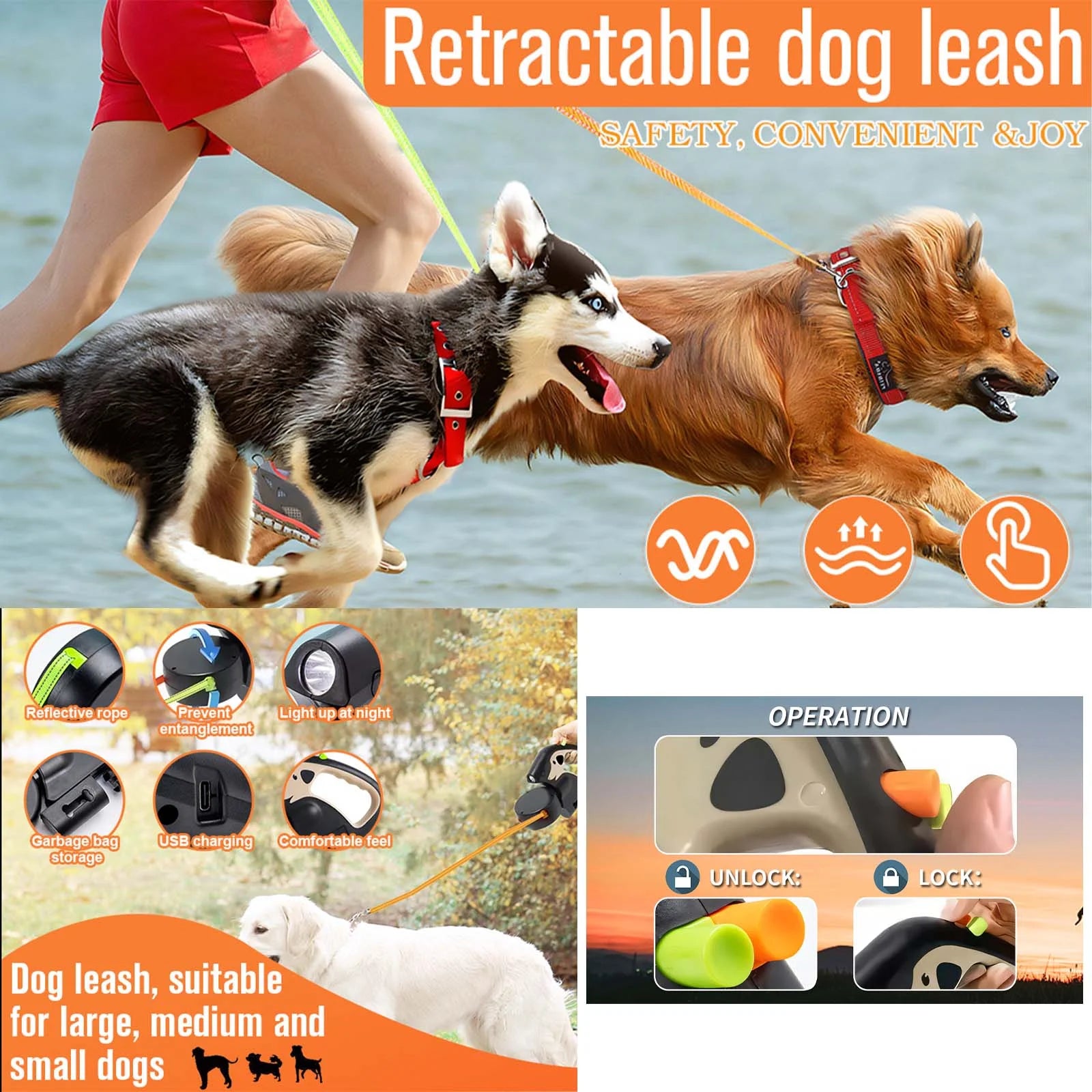 Retractable Dog Leash No Tangle , Double Dog Leash for Two Dogs with Flashlight