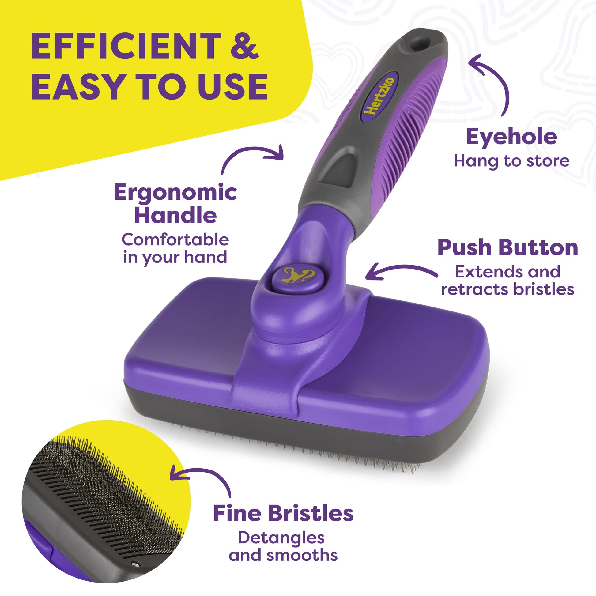 Self Cleaning Slicker Brush for Dogs and Cats - Pet Hair Brush for Shedding Long and Short Hair - Easy Clean Retractable Bristles - Cat and Dog Grooming Tool - Purple